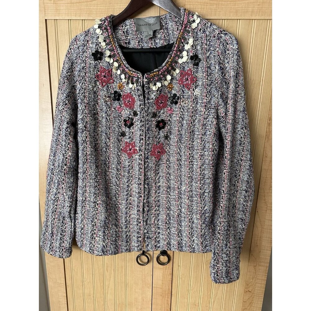 Anthropologie Summer Of Love Suzy Jacket Blazer Pink Rose Embellished Tweed Sz L - Picture 2 of 6